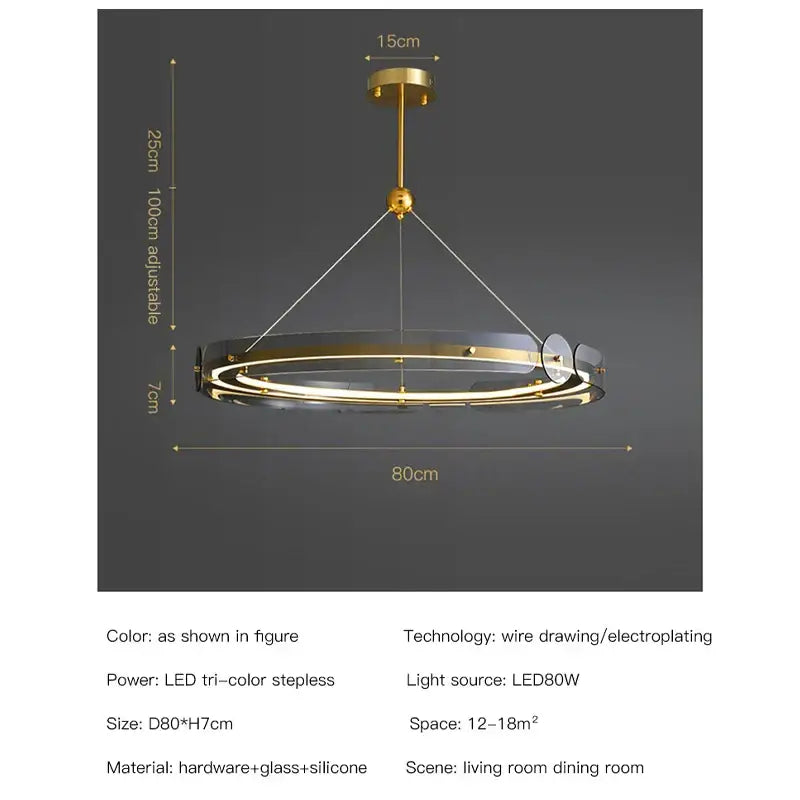 Modern gold circular ring led chandelier with clear glass rings and tri-color lighting for dining room decorbites circular ring