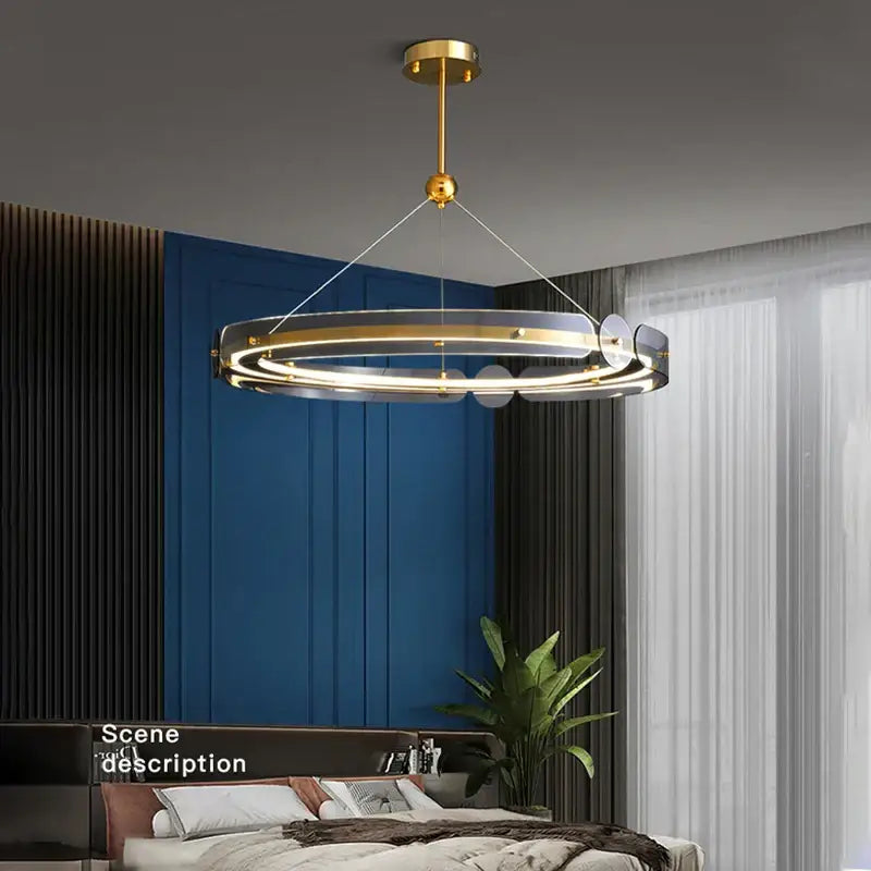 Modern gold decorbites circular ring led chandelier with clear acrylic rings for dining room pendant lighting