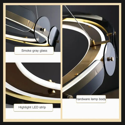 Modern gold circular ring led chandelier with smoked gray glass panels and glowing led strip accent for dining room decorbites circular ring