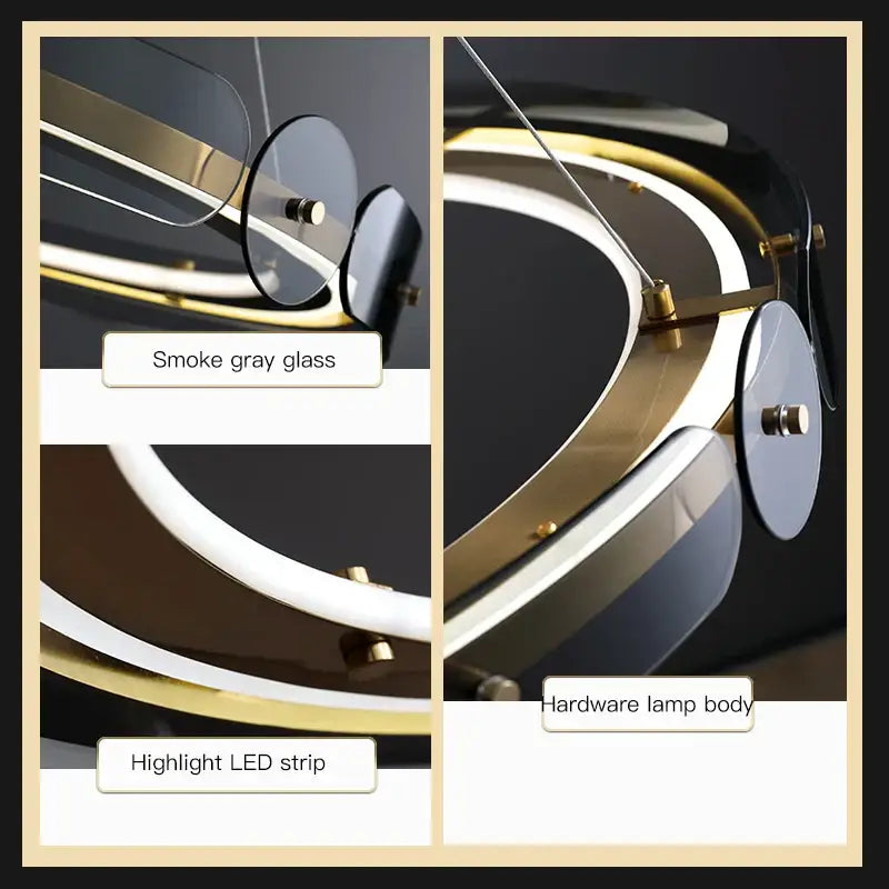 Modern gold circular ring led chandelier with smoked gray glass panels and glowing led strip accent for dining room decorbites circular ring