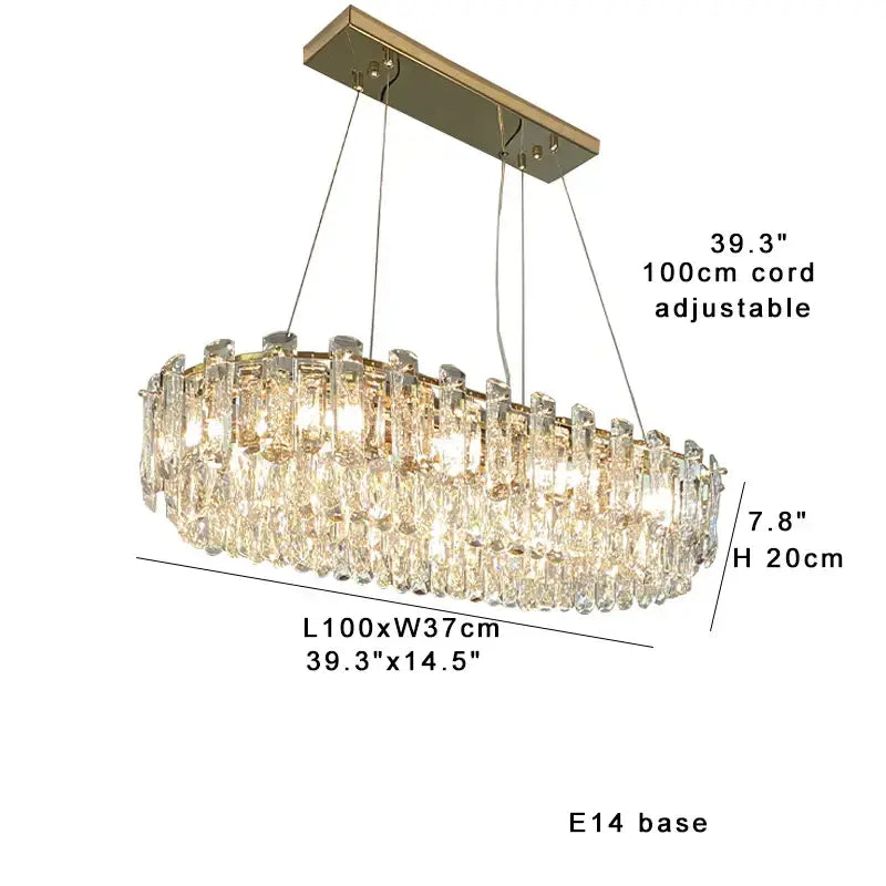 Modern gold clear crystal oval chandelier with cascading prisms and adjustable 100cm cord for dining room decorbites clear crystal