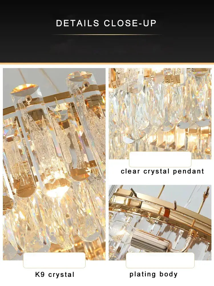 Modern gold clear crystal oval chandelier dining room light with decorbites clear crystal k9 pendants and gold frame