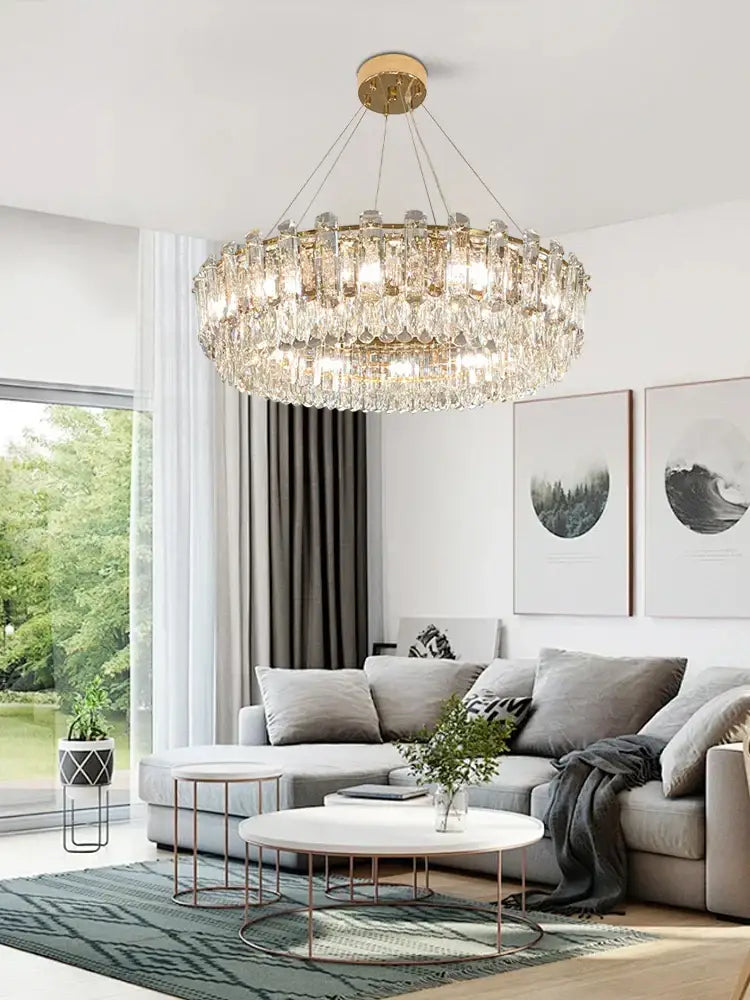 Modern gold clear crystal oval chandelier dining room light with decorbites clear crystal faceted crystals in concentric circles