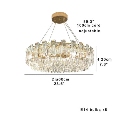 Modern gold clear crystal oval chandelier dining room light with gold-toned frame and cascading crystal prisms decorbites clear crystal