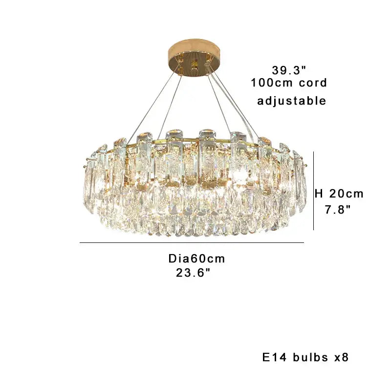 Modern gold clear crystal oval chandelier dining room light with gold-toned frame and cascading crystal prisms decorbites clear crystal