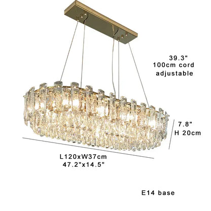 Modern gold clear crystal oval chandelier with metal frame and adjustable 100cm cord by decorbites clear crystal
