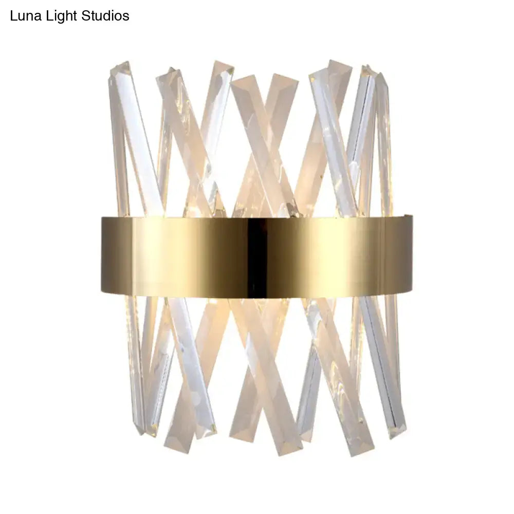 Modern gold bedroom wall sconce with clear crystal rods and a sleek gold band fixture height 12in
