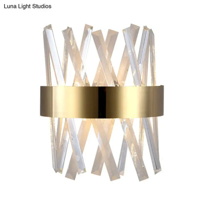 Modern gold bedroom wall sconce with clear crystal rods and a sleek gold band fixture height 12in