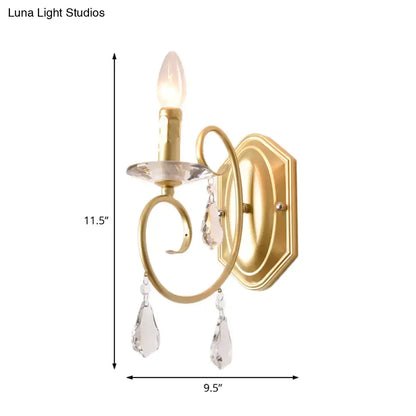 Modern gold wall lamp with clear crystal teardrop pendants and candle bulb compatible with 110v-120v 220v-240v