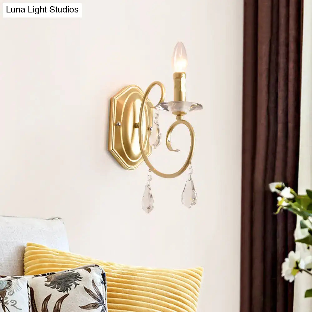 Modern gold clear crystal wall lamp with teardrop pendants and candle-style bulb for 110v-120v 220v-240v use