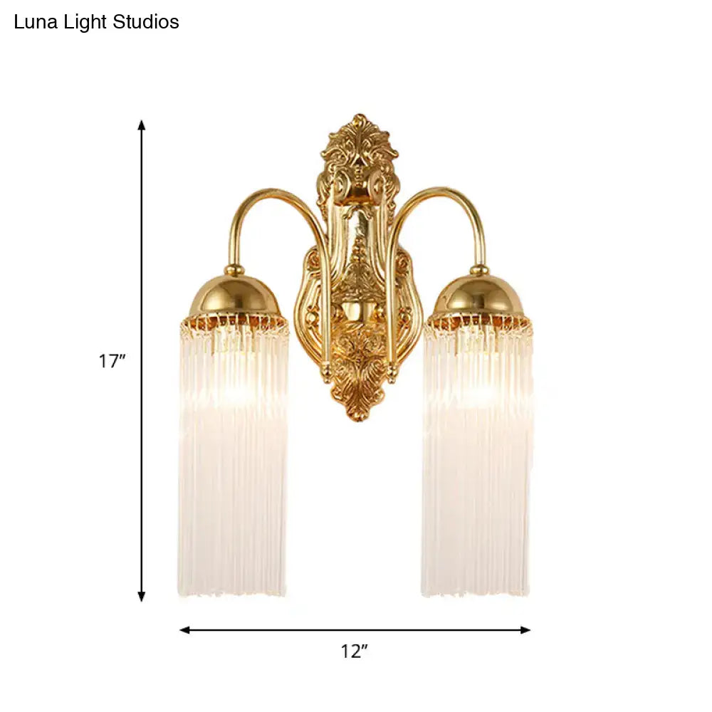 Modern gold clear crystal wall sconce with metal gooseneck arm and frosted glass shades for corridor lighting