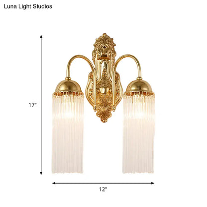 Modern gold clear crystal wall sconce with metal gooseneck arm and frosted glass shades for corridor lighting