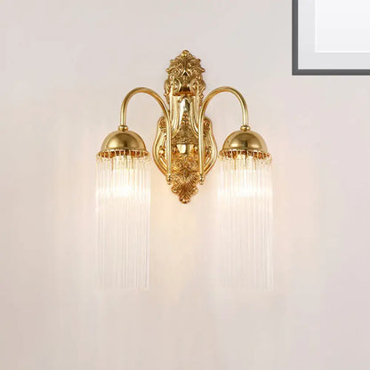 Modern gold clear crystal wall sconce with metal gooseneck arm and two dome fixtures with cascading prisms