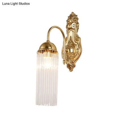 Modern gold clear crystal wall sconce with metal gooseneck arm and cascading clear glass prisms for corridor lighting