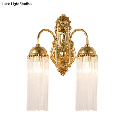 Modern gold clear crystal wall sconce with metal gooseneck arm and two fluted glass shades for corridor lighting