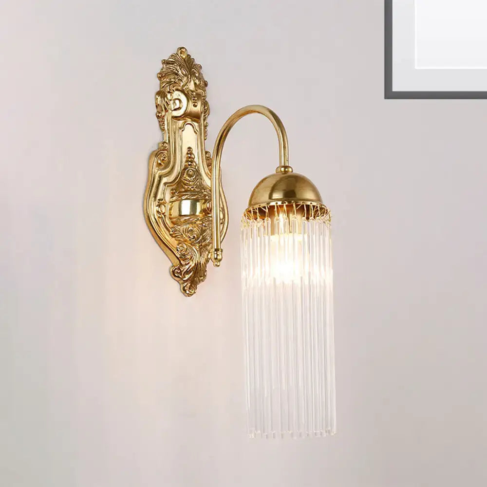 Modern gold clear crystal wall sconce with metal gooseneck arm and cascading clear glass prisms for corridor lighting