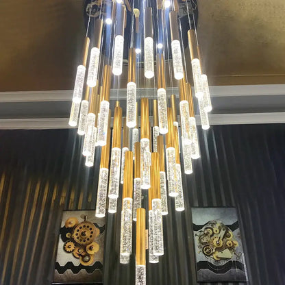 Modern gold and clear decorbites crystal led chandelier with cascading cylindrical glass tubes for living room decor