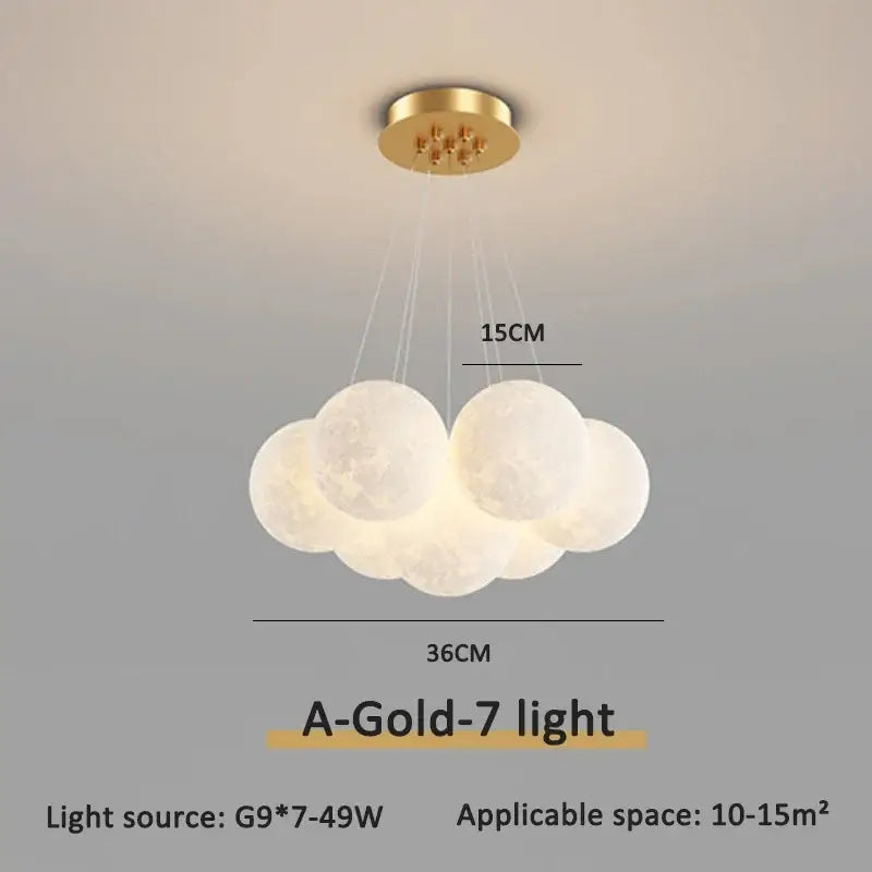 Modern gold cloud bubble ball led pendant lights with seven illuminated orbs and white translucent moonlight texture for dining room decorbites bubble ball