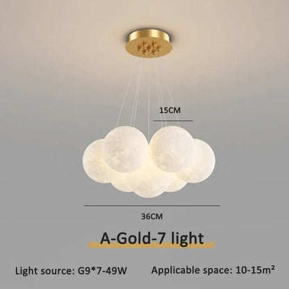 Modern gold cloud bubble ball led pendant lights with seven illuminated orbs and white translucent moonlight texture for dining room decorbites bubble ball