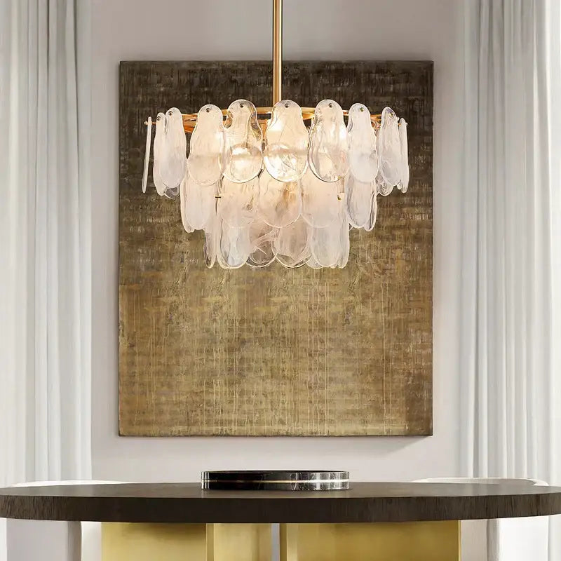 Modern gold cloudy glass chandelier with translucent petal-shaped discs for living room decorbites cloudy glass lighting