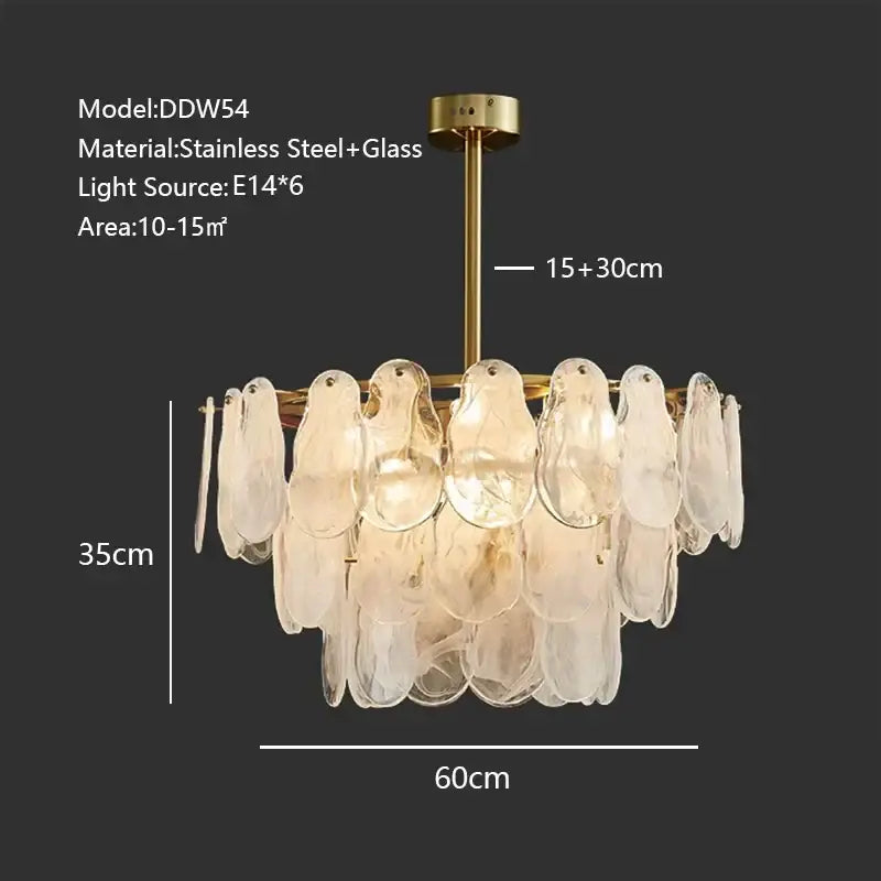 Modern gold cloudy glass chandelier with translucent petal-shaped discs arranged in cascading circle for living room lighting decorbites cloudy glass
