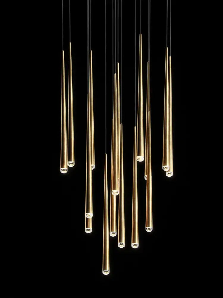 Modern gold conical led nordic chandelier with slender tapered shades and clear crystal accents for dining room decorbites conical led