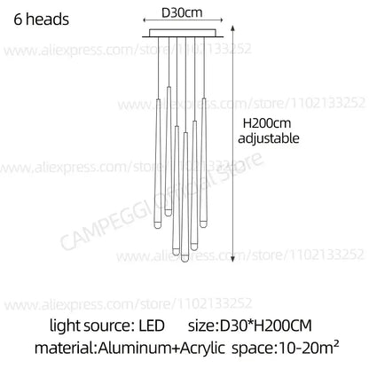 Modern gold conical led nordic chandelier with six cylindrical led light heads suspended from aluminum frame for dining room decorbites conical led