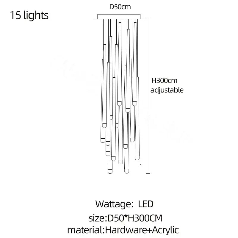 Adjustable modern gold conical led nordic chandelier with 15 led lights and hanging acrylic tubes for dining room decorbites
