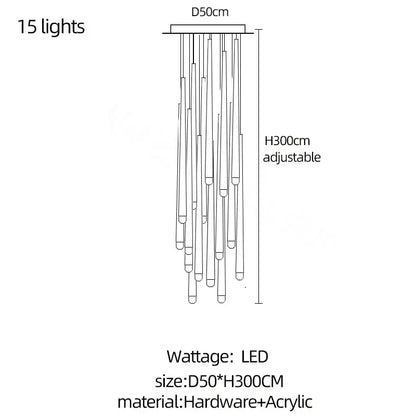 Adjustable modern gold conical led nordic chandelier with 15 led lights and hanging acrylic tubes for dining room decorbites