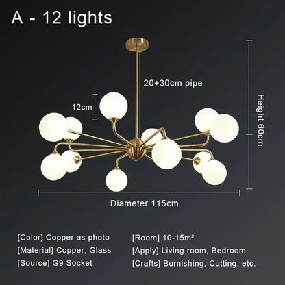 Modern gold copper ceiling chandelier with twelve frosted glass globe lights in a decorbites copper ceiling design
