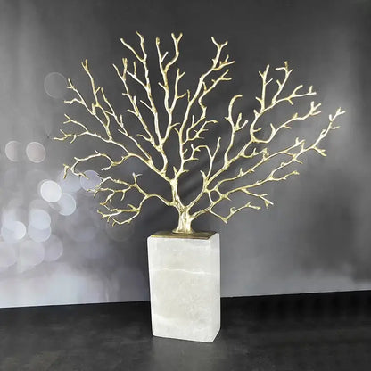 Modern gold coral tree sculpture with golden metallic finish on translucent white marble base decorbites coral tree decor