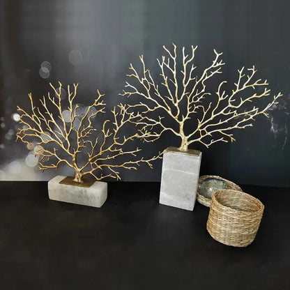 Modern gold coral tree sculpture with two golden branches on gray marble bases for living room decorbites coral tree