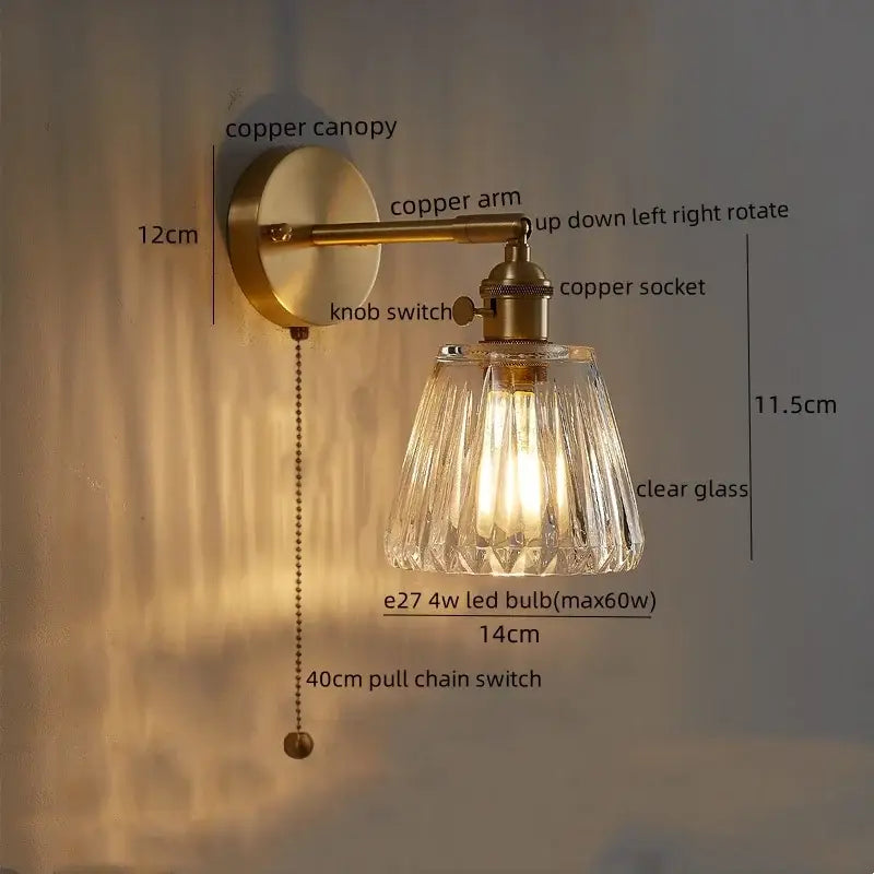 Antique brass-finished wall lights with faceted clear glass shade and exposed led bulb for modern bedroom decorbites led wall