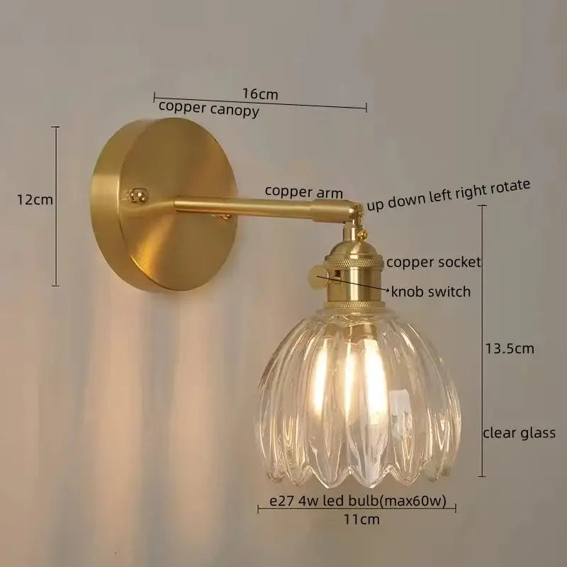 Modern gold crackled glass led wall lights featuring a gold-toned copper sconce with clear fluted glass shade