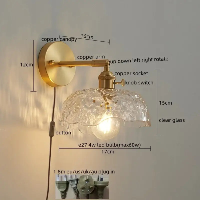 A vintage-style led wall light with brass-finished copper arm and ornate crackled glass shade for bedroom decorbites wall lights