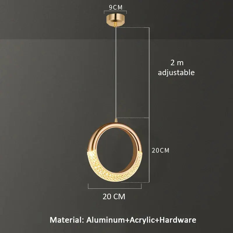 Modern gold crescent pendant light with textured acrylic and aluminum frame features adjustable height for dining settings