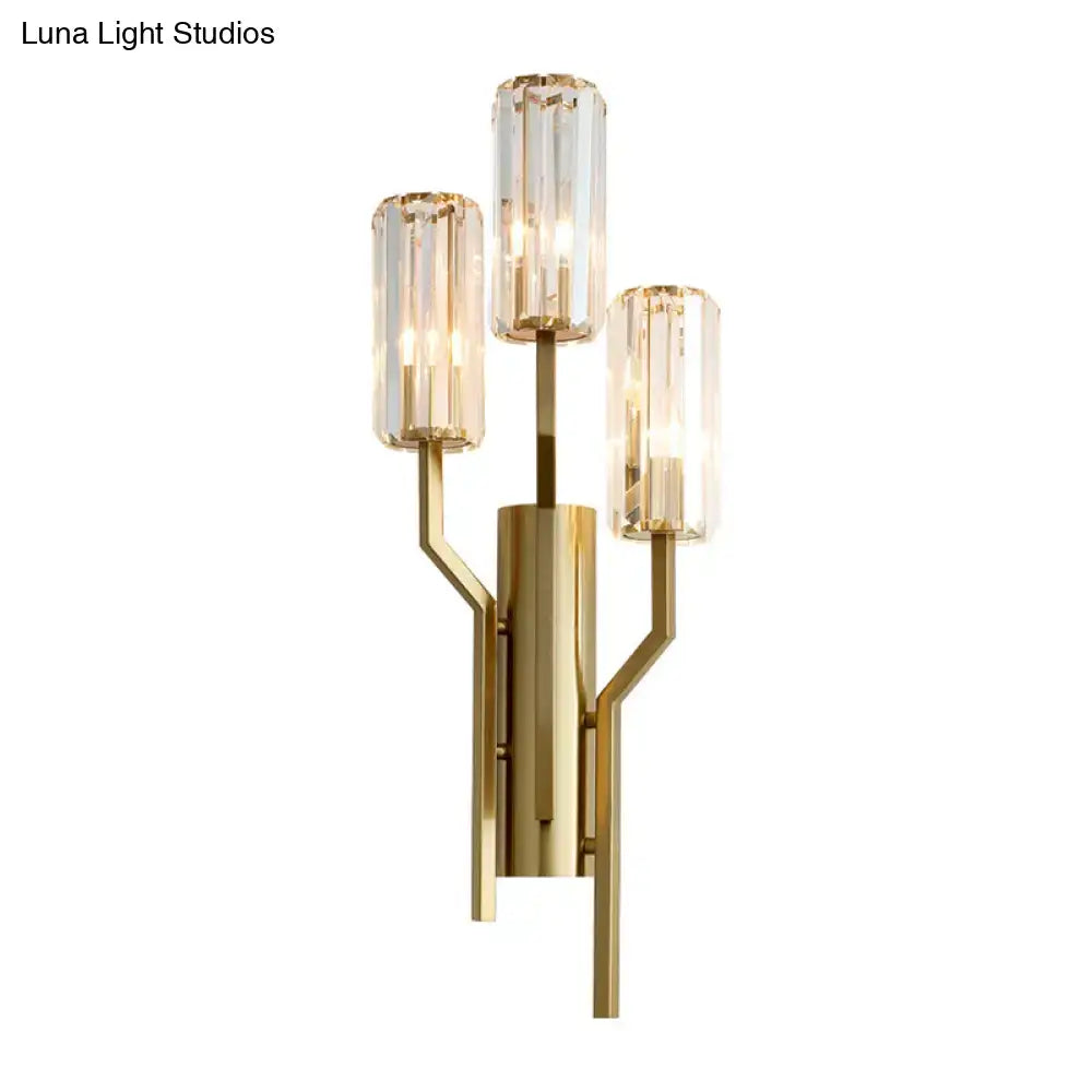 Modern gold crooked arm wall lamp with three clear faceted glass shades for living room crystal sconce lighting