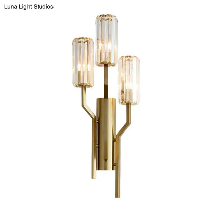 Modern gold crooked arm wall lamp with three clear faceted glass shades for living room crystal sconce lighting