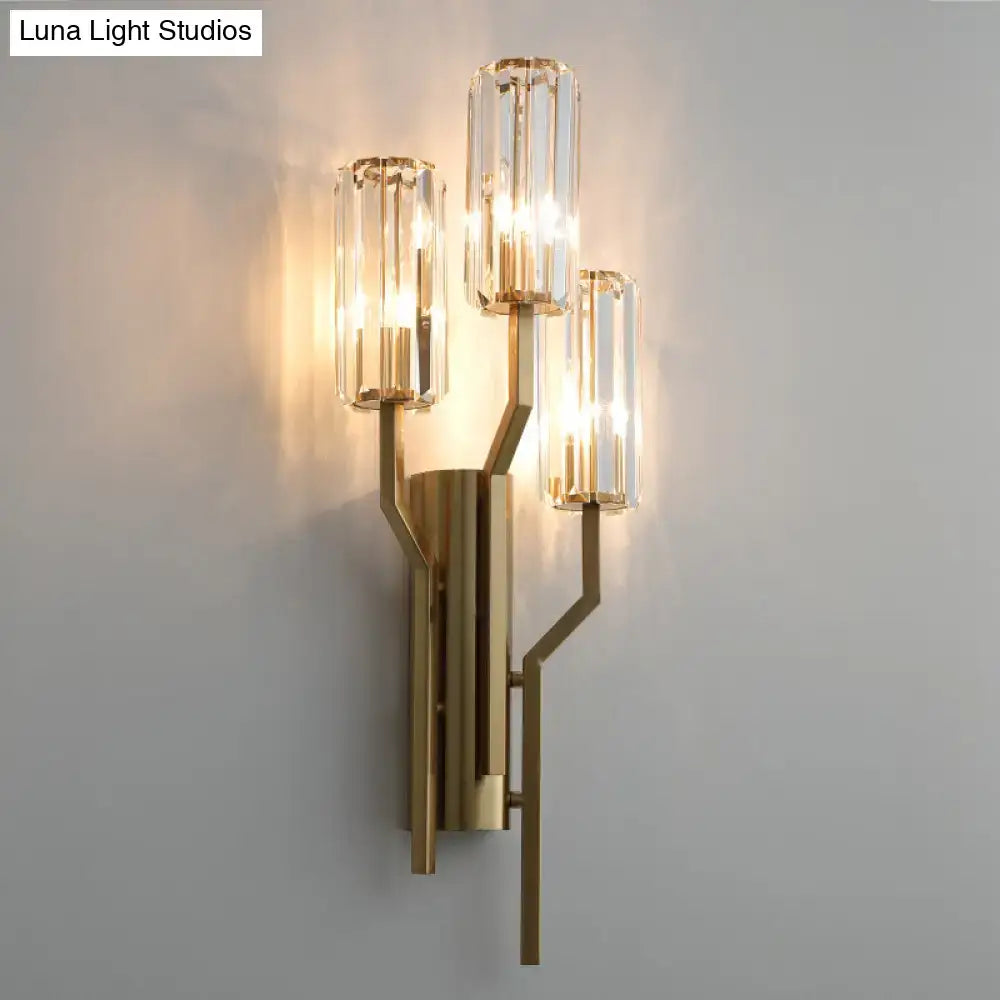 Modern gold crooked arm wall lamp with three vertical crystal glass shades for living room lighting