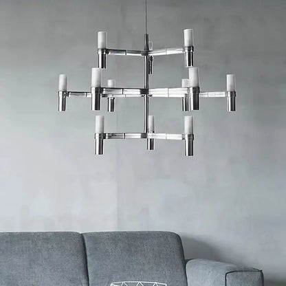 Modern gold decorbites crown major chandelier with chrome frame and frosted glass shades for foyer lighting