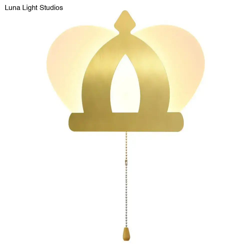 Modern gold crown wall lamp with beaded pull chain for elegant bedroom wall lighting and easy control