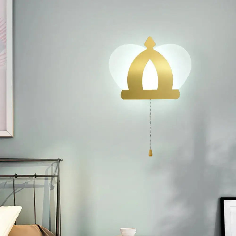Modern gold crown wall lamp with glowing heart outline and pull chain for stylish wall lighting in bedrooms