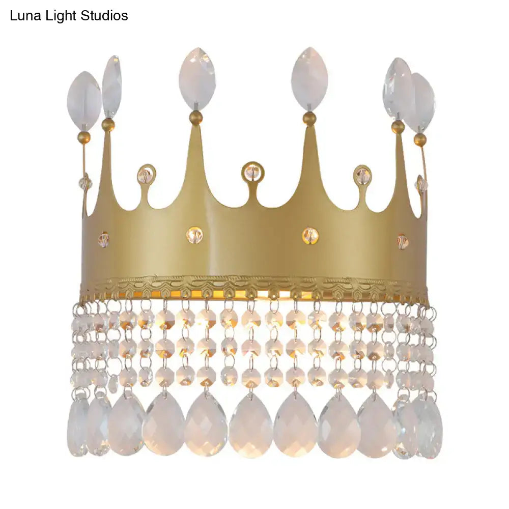 Modern gold crown wall lamp with clear crystal teardrops designed for bedroom use compatible with led incandescent fluorescent 220v-240v 110v-120v