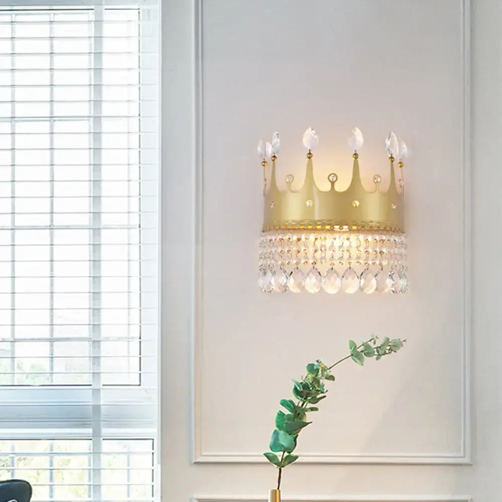 Modern gold crown wall lamp with crystal droplets designed for 220v-240v and 110v-120v led incandescent fluorescent lighting