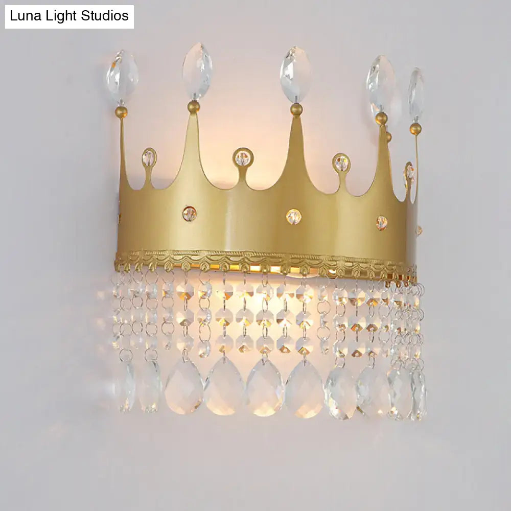 Modern gold crown wall lamp with clear crystal accents and teardrop droplets compatible with led incandescent fluorescent bulbs 220v-240v 110v-120v