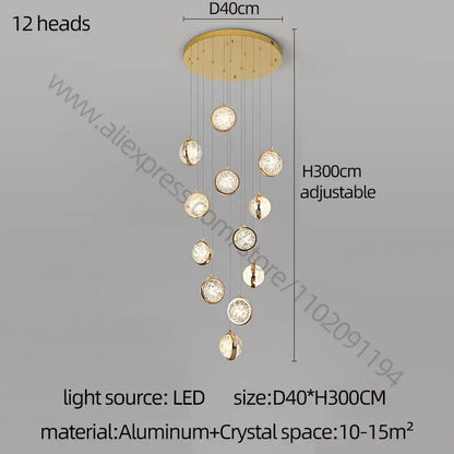 Modern gold crystal ball chandelier with 12 crystal-encrusted spherical lights suspended from aluminum mount