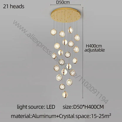 Modern gold crystal ball chandelier with 21 crystal spheres hanging from aluminum circular base for staircase lighting