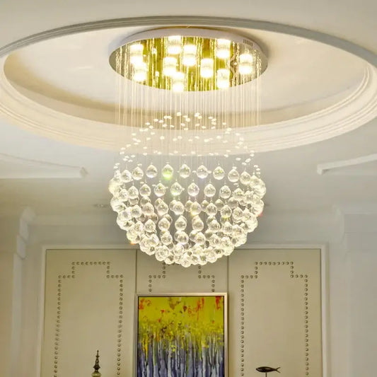 Modern gold crystal ball led ceiling chandelier with circular fixture and cascading clear decorbites k9 crystal teardrops