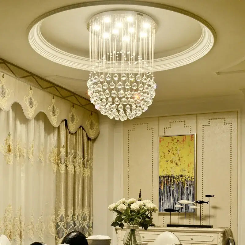 Modern gold crystal ball led ceiling chandelier with decorbites k9 crystal and cascading teardrop strands for living room decor