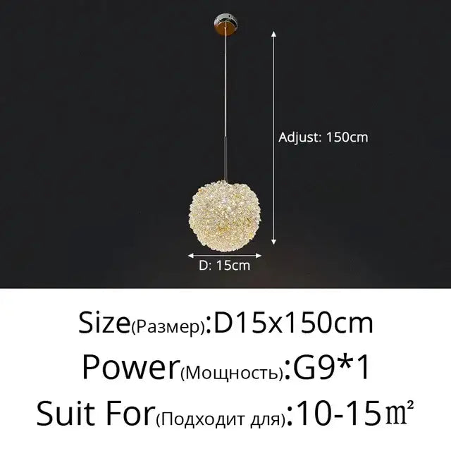 Modern gold crystal ball pendant light featuring a 15cm gold-toned crystal ball pendant with adjustable height up to 150cm